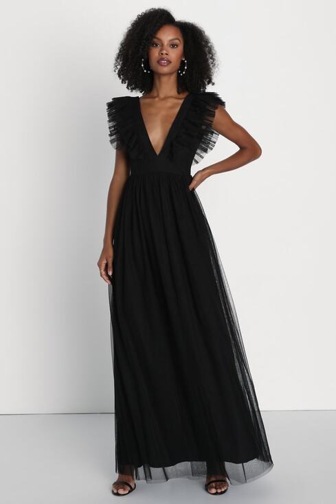 Lulu's Dresses & Skirts - NWT Lulus Simply Delighted Black Mesh Ruffle Backless Maxi Dress Whimsigoth Sz M